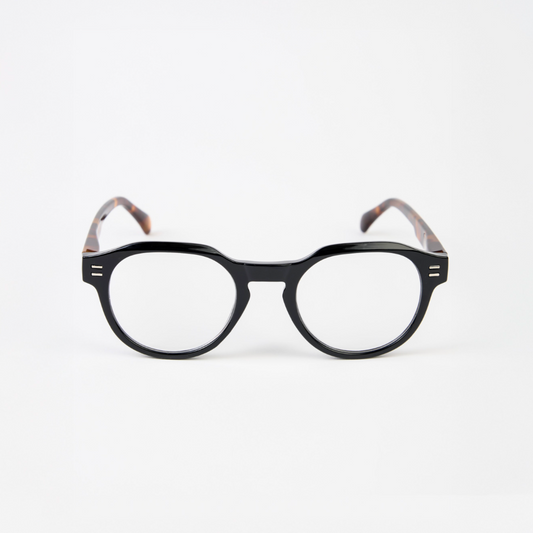 Black eyeglasses with a white background