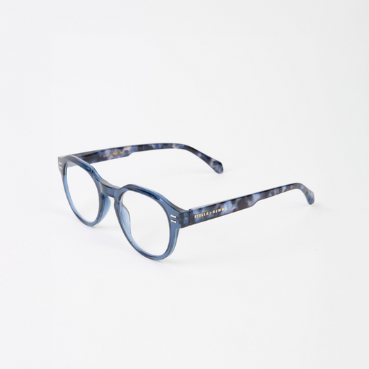 Blue eyeglasses with tortoiseshell pattern on a white background