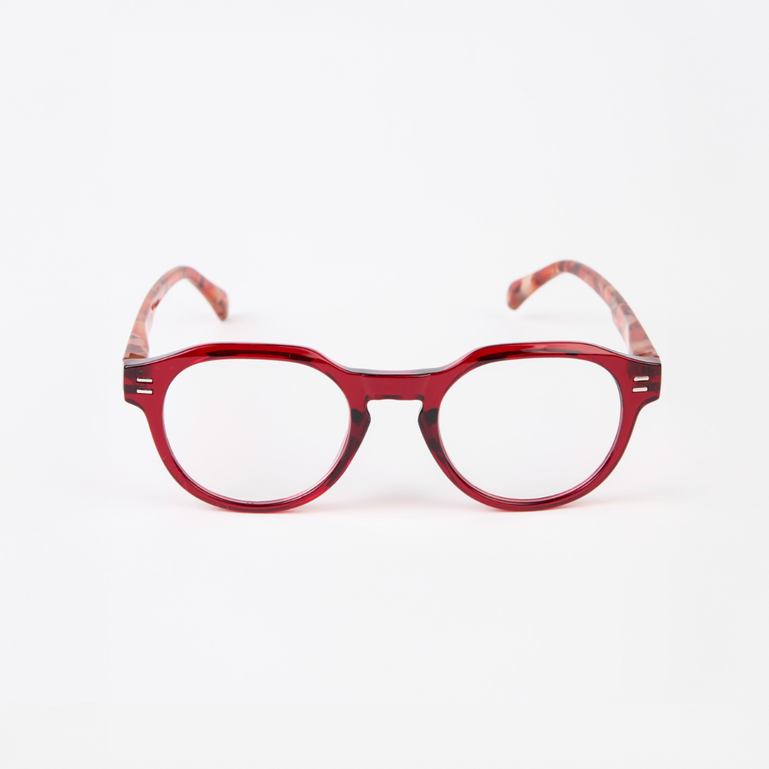 Red eyeglasses with a tortoiseshell pattern on a white background