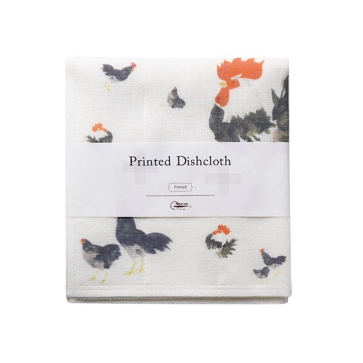 Printed dishcloth with rooster & hen design on a white background