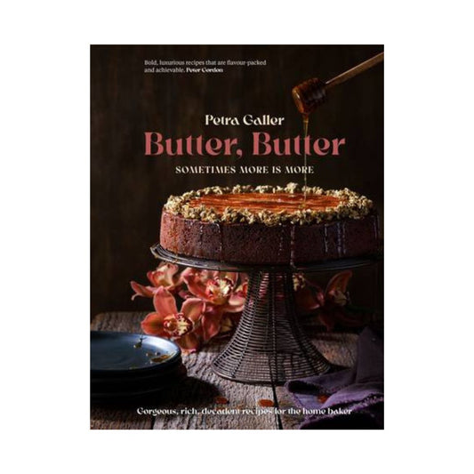 Book cover of 'Butter, Butter' with a cake and drizzling butter on a dark background